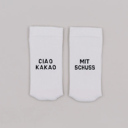 Weiße Knöchelsocken mit Ciao Kakao und Mit Schuss Stickerei
