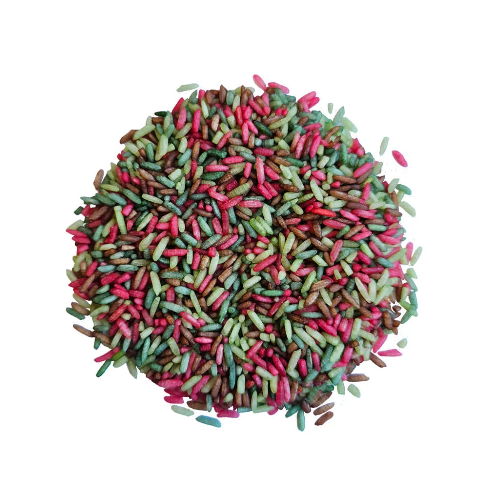 Bunte Reiskörner in Pink, Rot und Grün für Spielreis-Mischung Wald