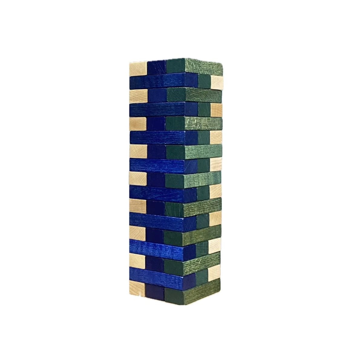 Stapelbarer turm aus holzblöcken in blau grün und natur für ökologische baby- und kinderprodukte geschenke für neugeborene