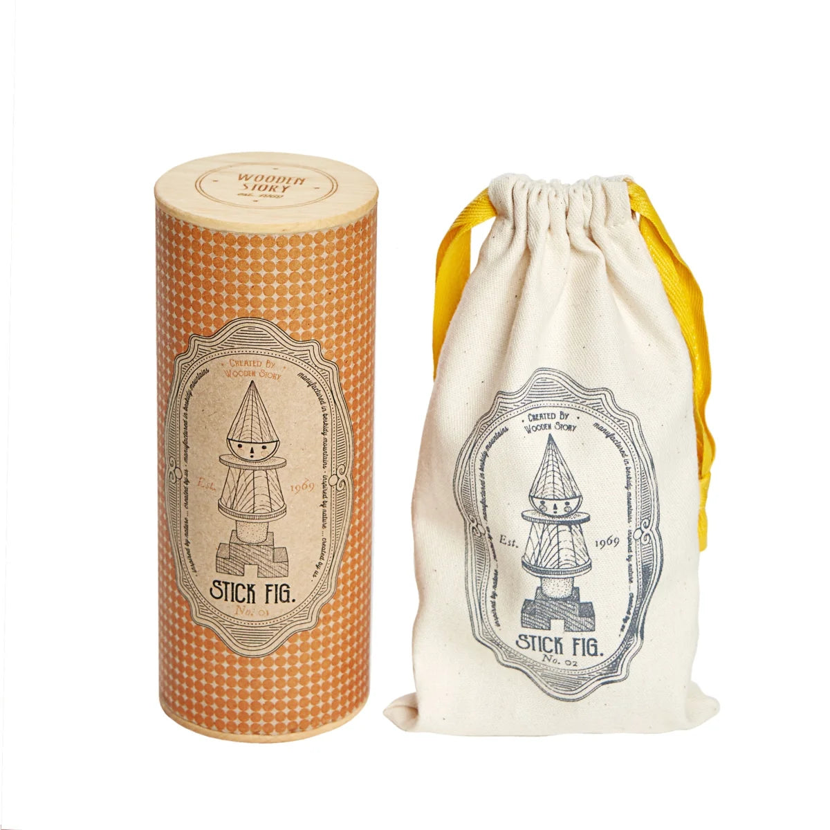 Beige zylindrische tube mit orange gepunktetem muster und creamfarbener kordeltasche mit schwarzen stick fig illustrationen, nachhaltige babykleidung schweiz