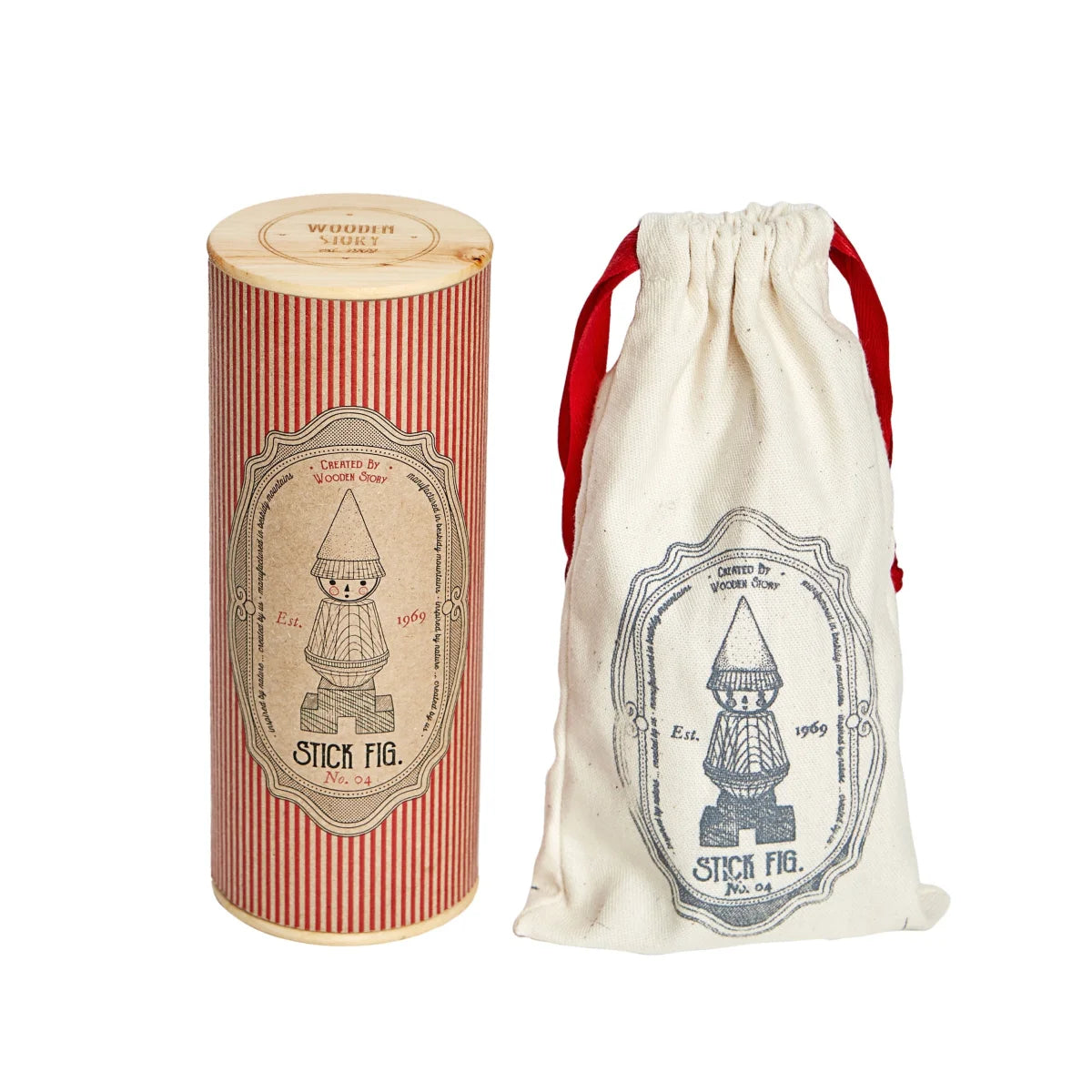Ein vintage zylindrischer holzbehälter mit roten streifen und naturholzdeckel fürs stacking toy stick fig nr 04 nachhaltige babykleidung schweiz