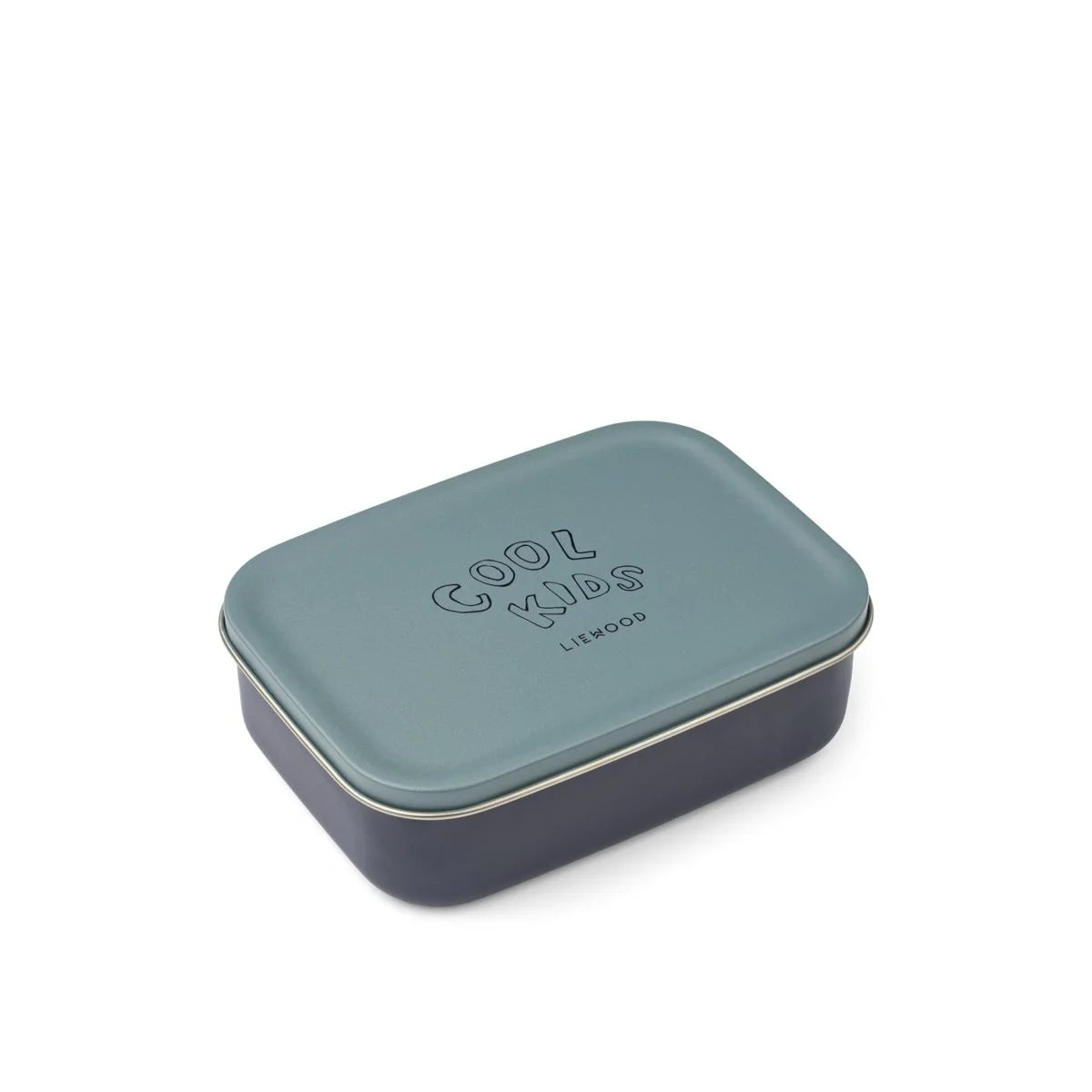 Ein schlanker rechteckiger edelstahl lunchbox nina mit mattem schieferblauem deckel und dunkelblauem körper mit cool kids logo