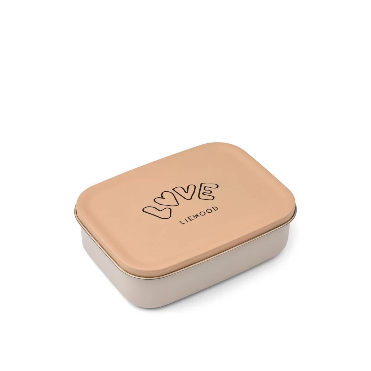 Beige rechteckige metallbox aus edelstahl mit love und liewood gravur für die lunchbox nina pale tuscany