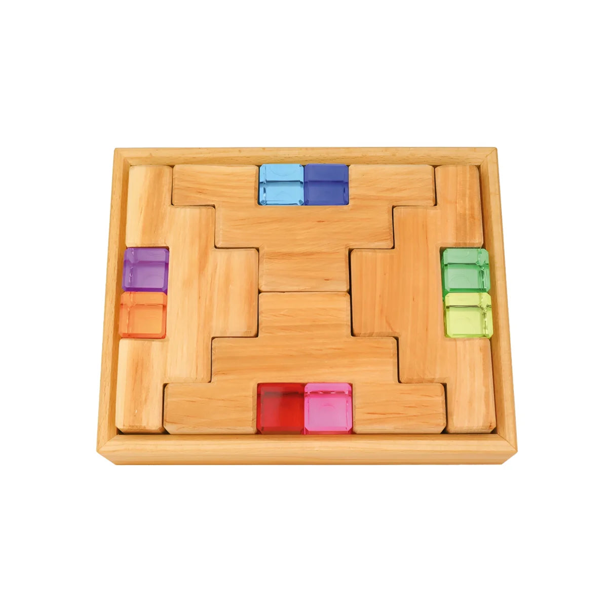 Ein hölzernes puzzle-box mit bunten transluzenten acrylblöcken in einem labyrinthartigen muster aus der stairs blocks mit lumineszierenden blöcken set 16 stk