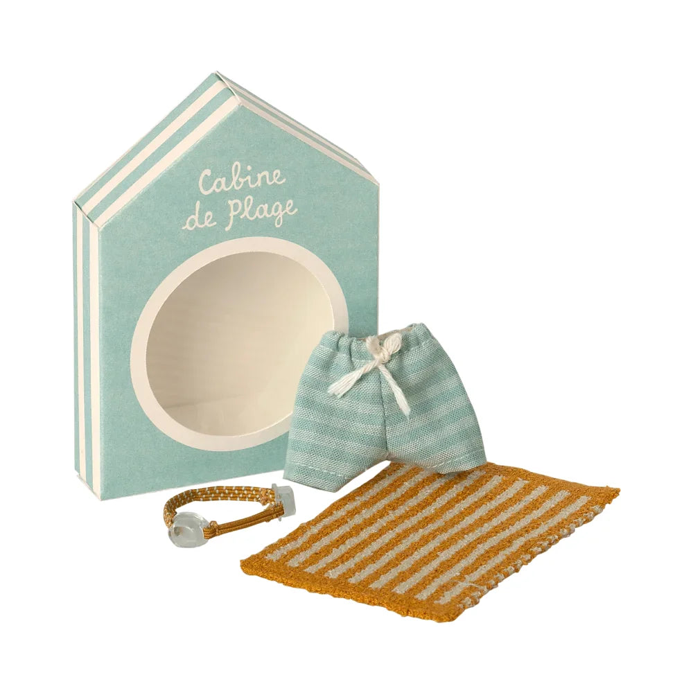 Mintgrünes Strandhaus mit runden Fenster und Miniatur-Strandzubehör für Geschwister