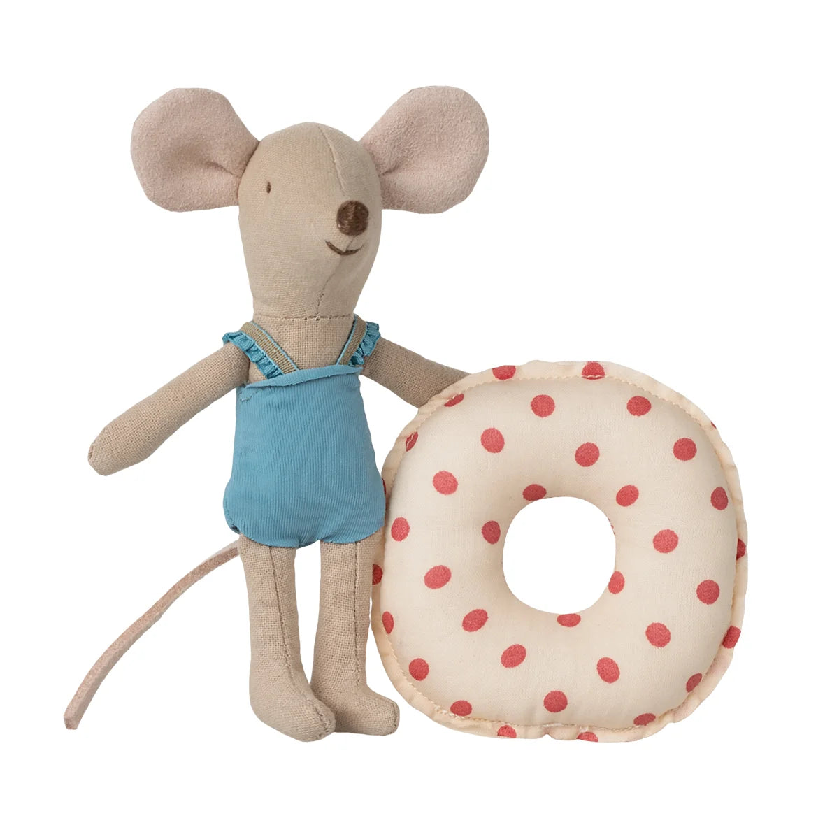Gestopfter Maus-Spielzeug mit Badeanzug und Polka-Dot-Donut im Produkt Strandmaus
