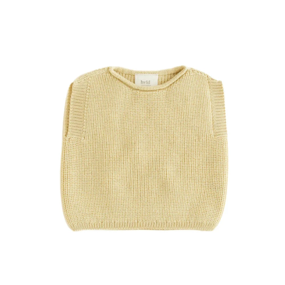 Pale yellow knitted sleeveless sweater or vest named Strickpullunder Vest Harvey