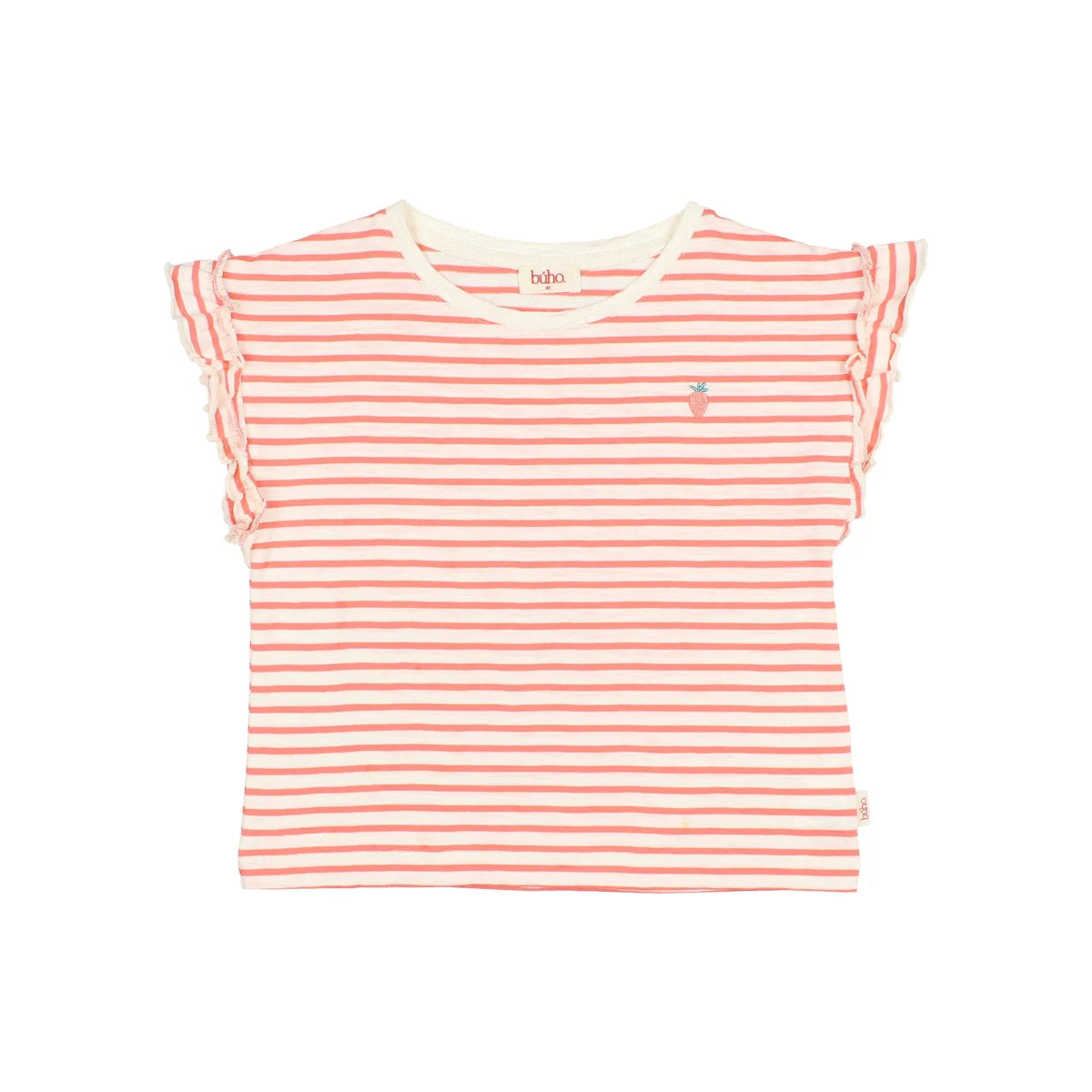 Stripes Girly T-Shirt Coral: rosa-weiße Streifen mit Rüschenaermeln