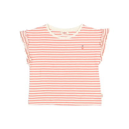 Stripes Girly T-Shirt Coral: rosa-weiße Streifen mit Rüschenaermeln