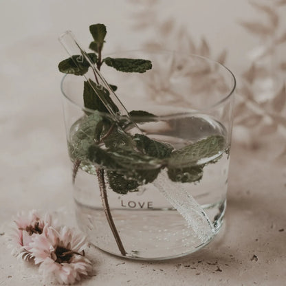 Klares Glas-Tumbler mit Herz-Gravur, gefüllt mit Wasser und Minze, Strohhalme Herzen 4er Set