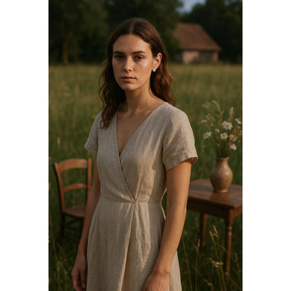 Frau in beigem Leinenkleid trägt Mira Ohrringe aus 18k Gold Vermeil