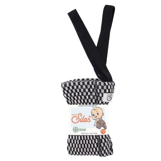 Schwarz-weiße kariertes Babystrumpfhose mit Trägern und Fuß, stylisch und bequem