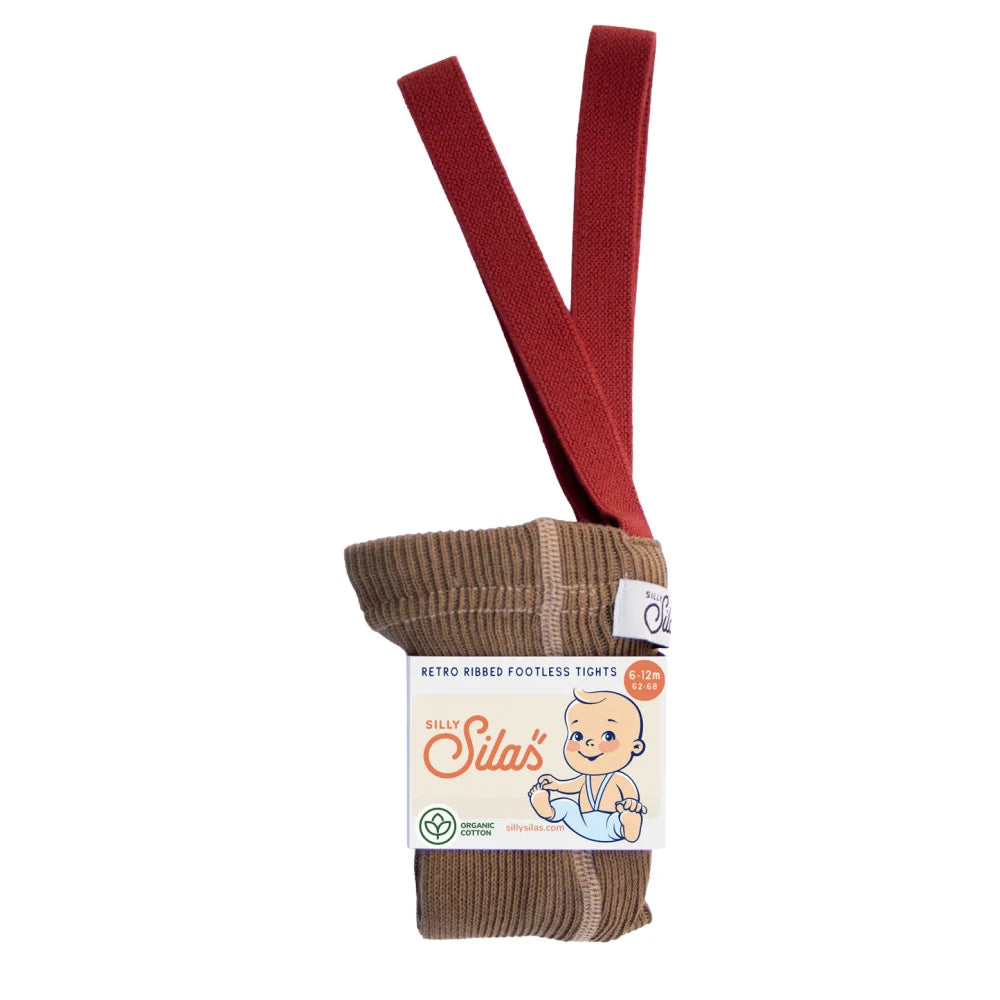 Braune gerippte footless Strumpfhose mit rotem Bund und Maple-Leaf-Logo