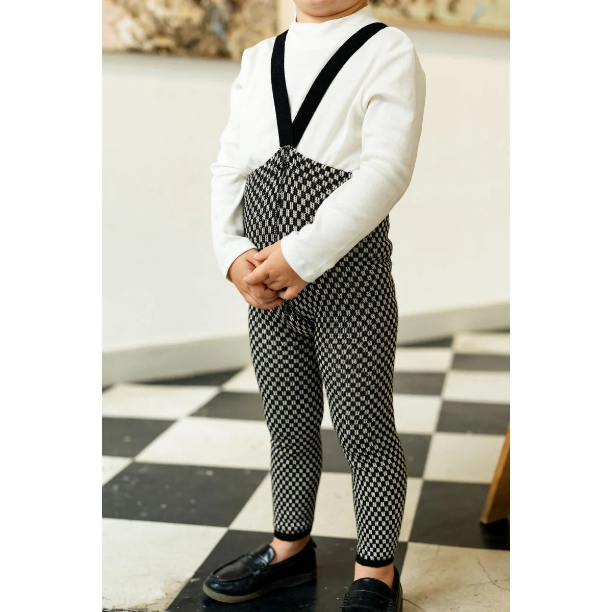 Schwarze Strumpfhose mit Trägern in Houndstooth-Muster für Kinder