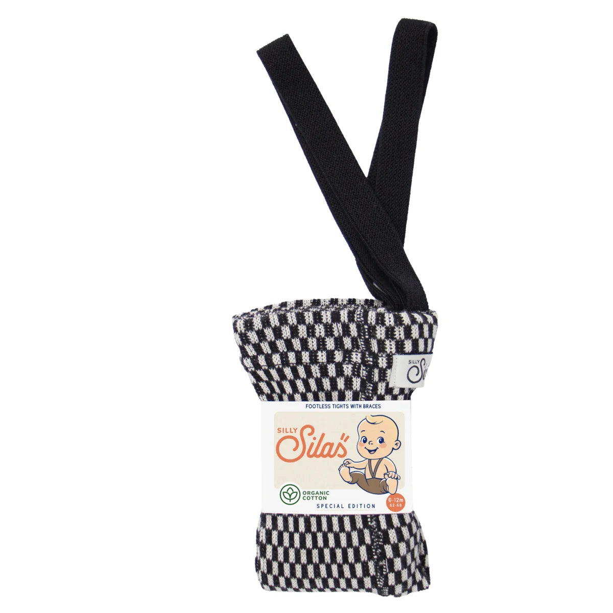 Schwarz-weiße karierte footless Strumpfhose mit Trägern aus Bio-Baumwolle