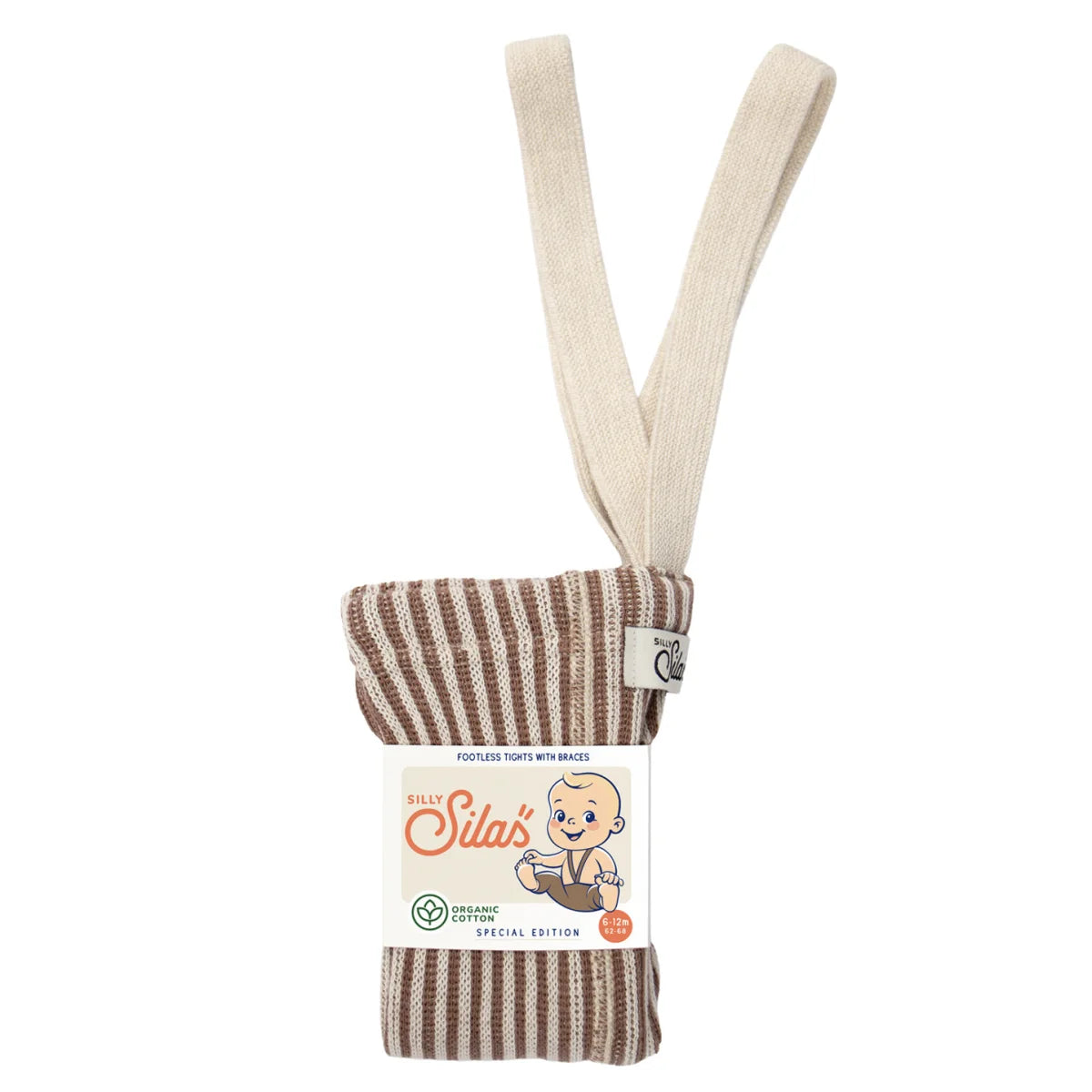 Beige-braune gestreifte Bio-Baumwoll-Strumpfhose mit Trägern, Granola x Cream