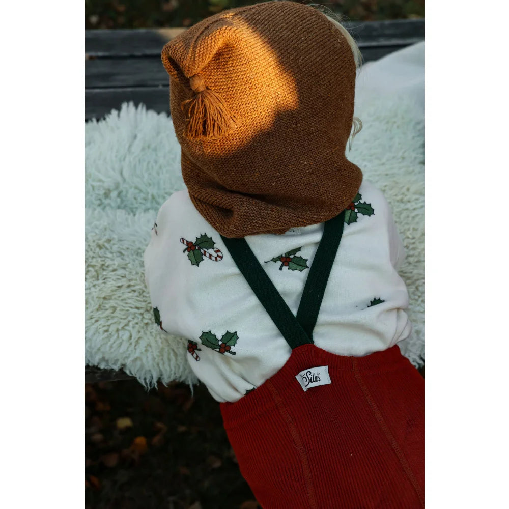 Brauner Strickwinterhut mit Bommel, weißer Stechpalmenpullover und rote Hosenträger