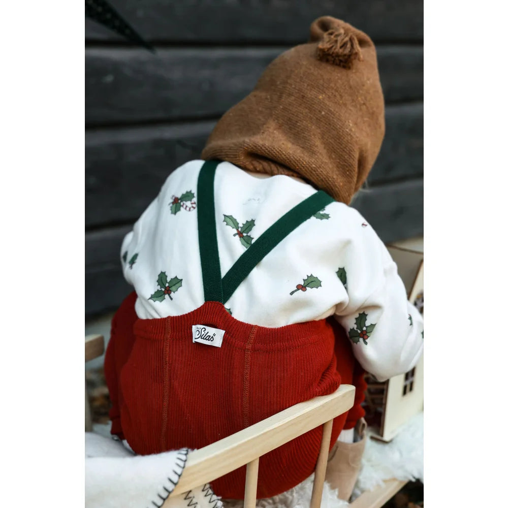 Rote Samtstofflatzhose mit grünen Trägern und weißem Stechpalmenhemd