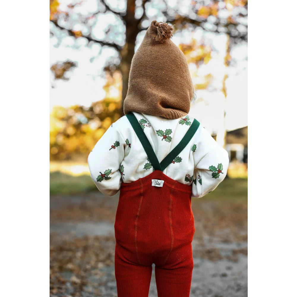 Rote Cord-Overalls mit grünen Trägern und Blumenhemd, Strumpfhose mit Trägern in Ahornblatt Dunkelgrün