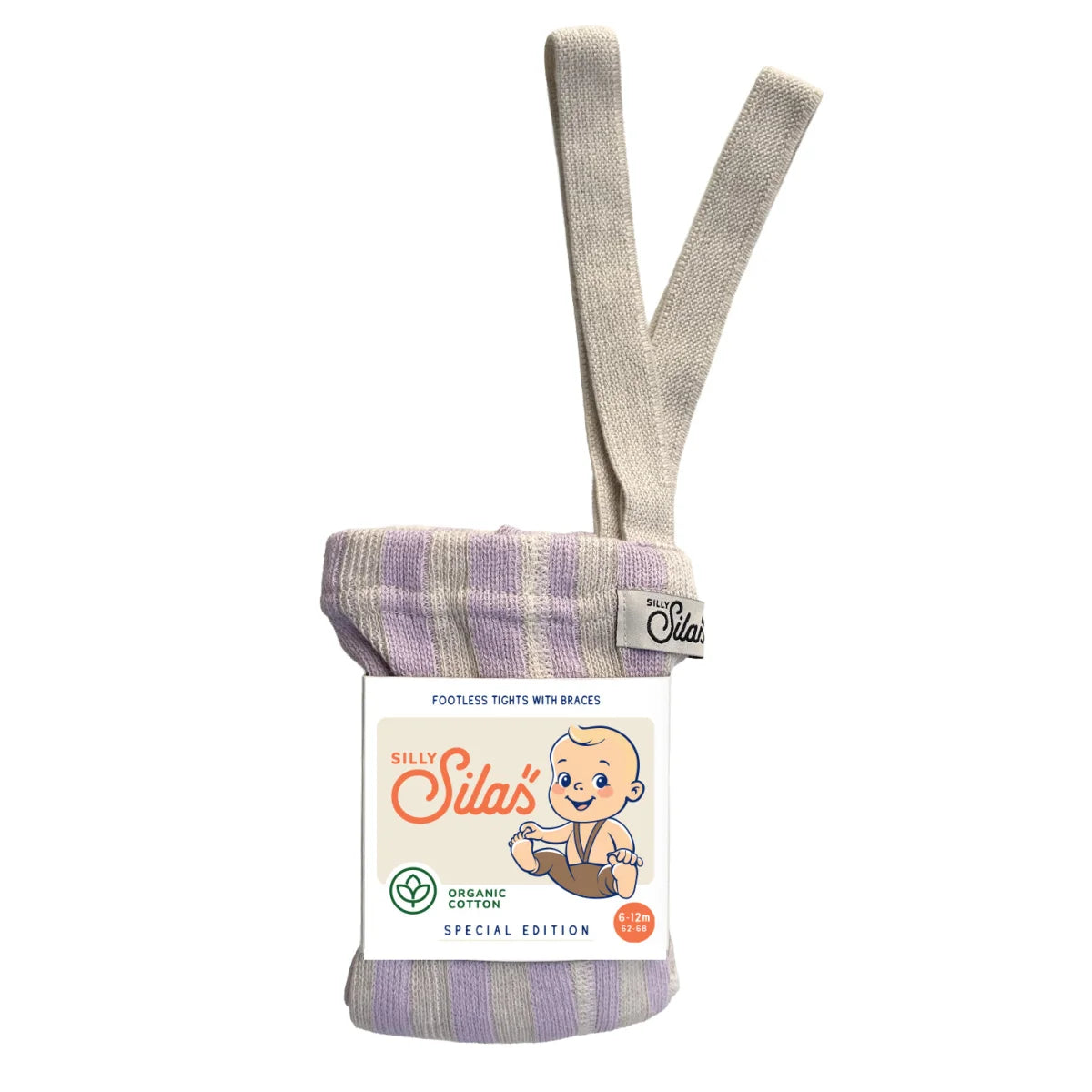 Strumpfhose mit träger footless in lavendel und beige gestreift aus bio-baumwolle mit fußfreiem design