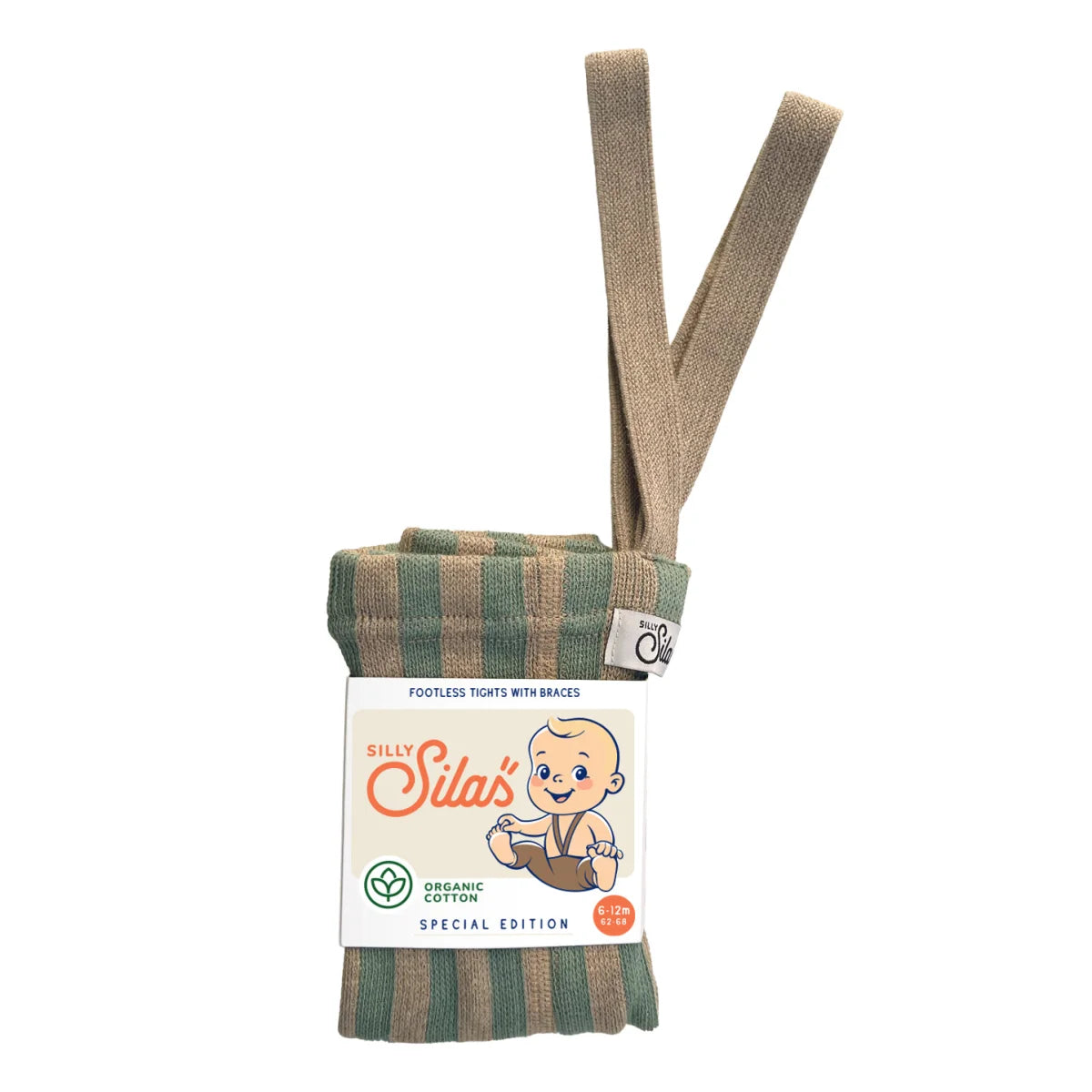 Silly sila strumpfhose mit träger footless aus bio-baumwolle in grün-beiger gestreifter matcha x peanut-optik