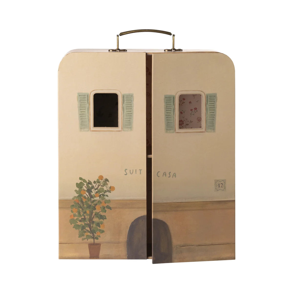 Maileg Mauselo ch Bauernhaus: Creme vintage Koffer mit Fensterläden und Orangenbaum