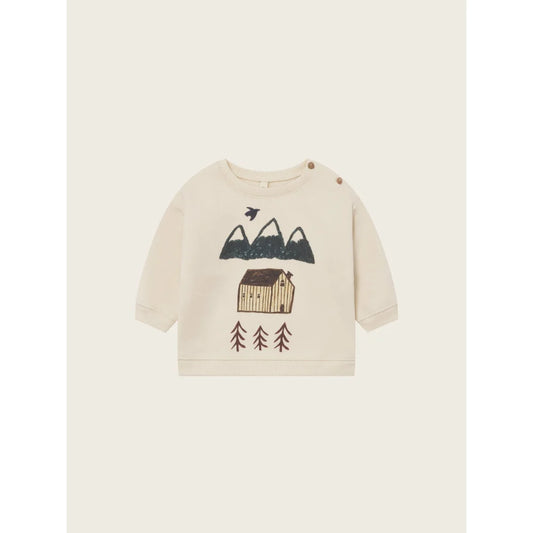 Hellbeige langärmliges Kinder-Sweatshirt mit rustikalem Blockhaus- und Bergmotiv