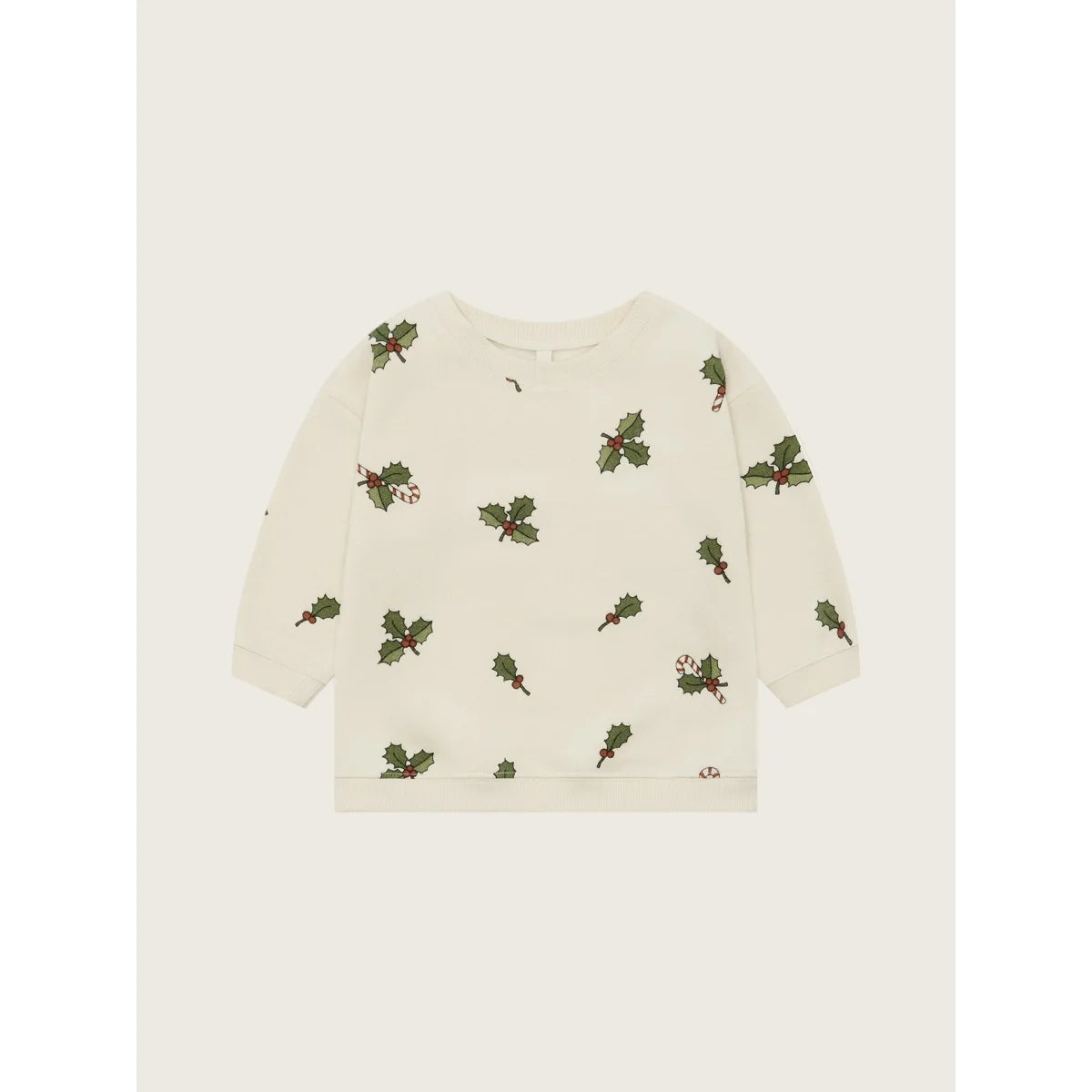 Cremeweißer Langarm-Pullover mit grünen Stechpalmenblättern und roten Zuckerstangen