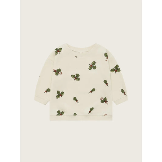 Cremeweißer Langarm-Pullover mit grünen Stechpalmenblättern und roten Zuckerstangen