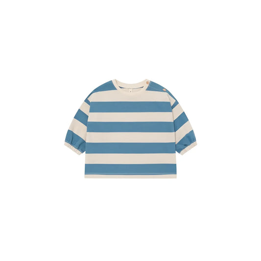 Kindersweatshirt mit blau-cream horizontal gestreiftem muster und elastischen bündchen am ärmel