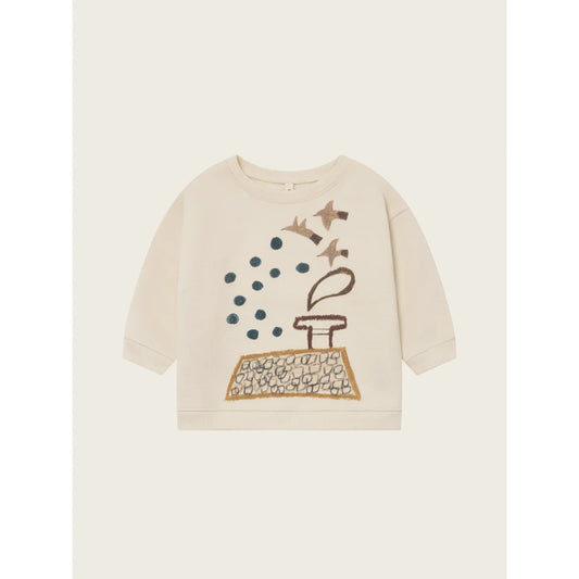 Off-White Langarm-Sweatshirt mit verspieltem Schornstein- und Vogel-Design