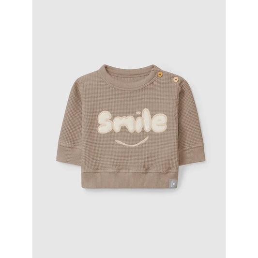 Baby Langarmshirt in Taupe mit Smile-Design und geripptem Waffelmuster