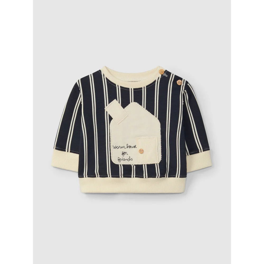 Navyblau-cream gestreifter Baby-Longslee shirt mit Haus-Patch Tasche