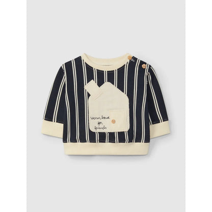 Navyblau-cream gestreifter Baby-Longslee shirt mit Haus-Patch Tasche