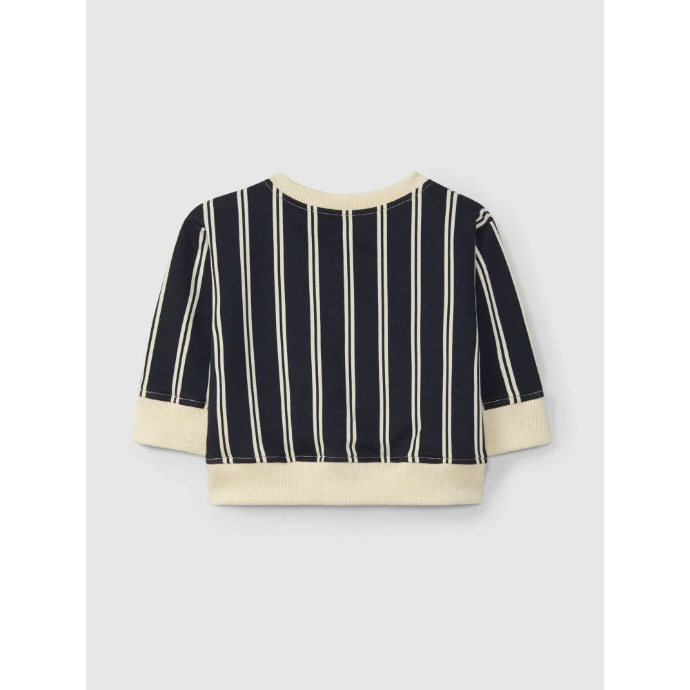 Navyblaues gestreiftes Langarmshirt mit cremefarbenen Bündchen und Saum