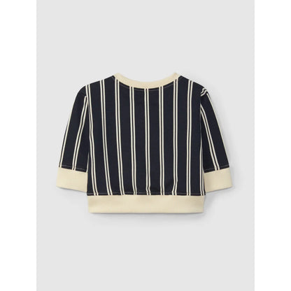Navyblaues gestreiftes Langarmshirt mit cremefarbenen Bündchen und Saum