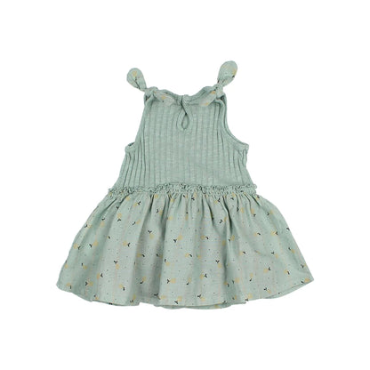 Mintgrünes ärmelloses Kleid mit kleinen Blumen und gerafftem Bund von Sweet Pears
