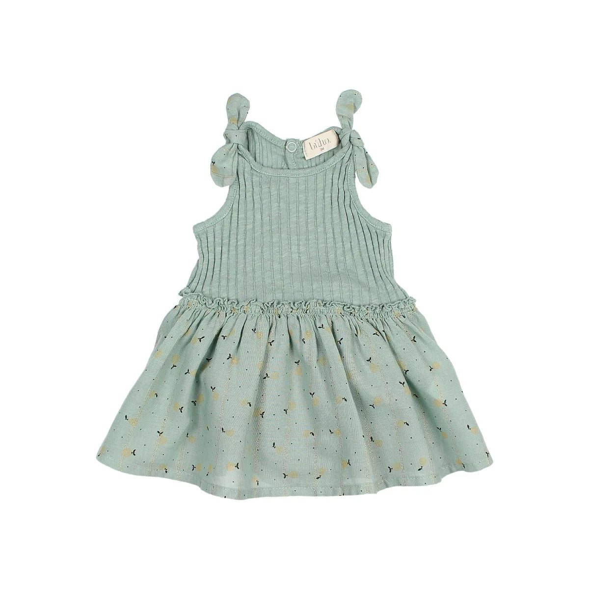 Mintgrünes ärmelloses Kleid mit rippenförmigem Oberteil und blumigem Rock