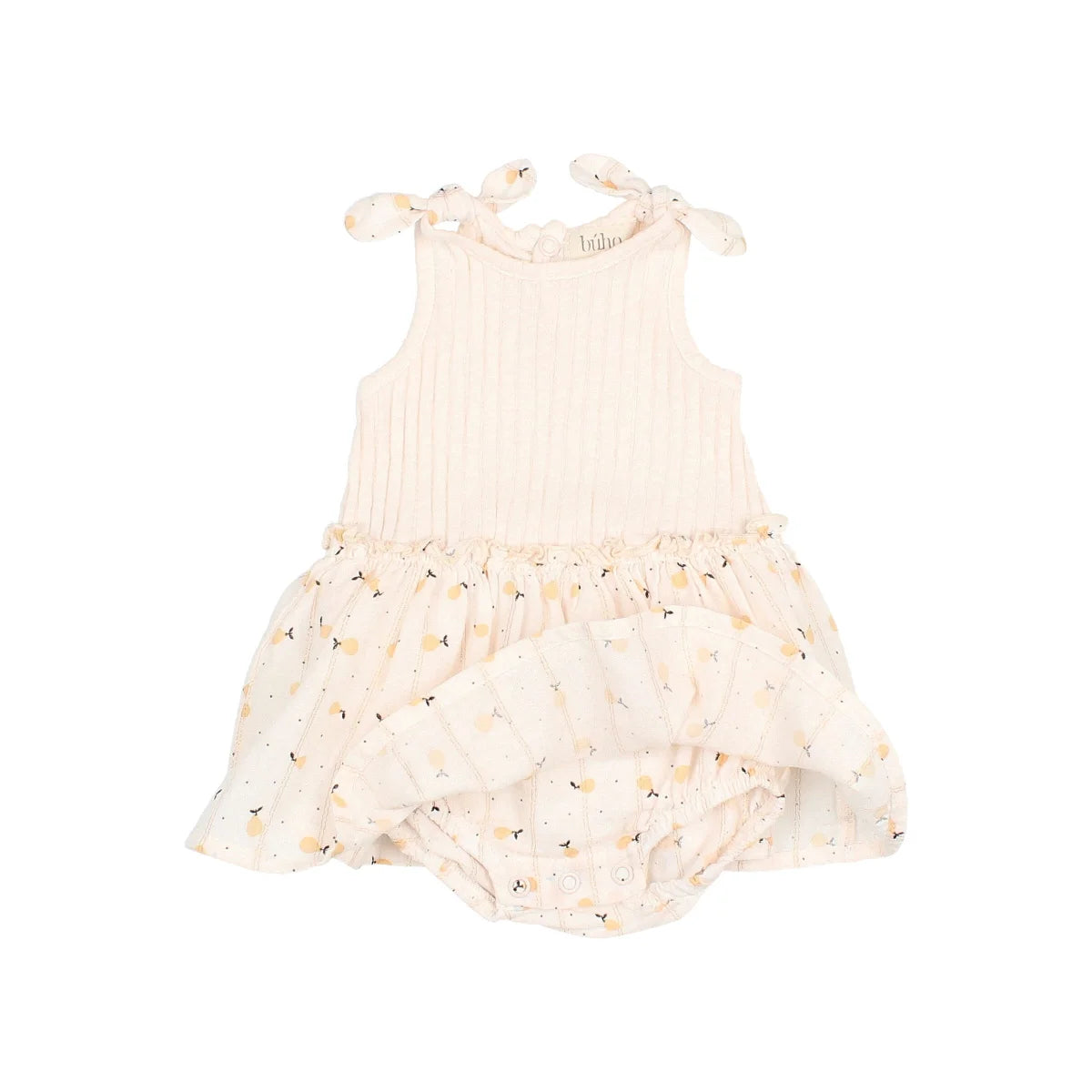 Ärmelloses cremefarbenes Baby-Kleid mit Blumenmuster und Rüschensaum