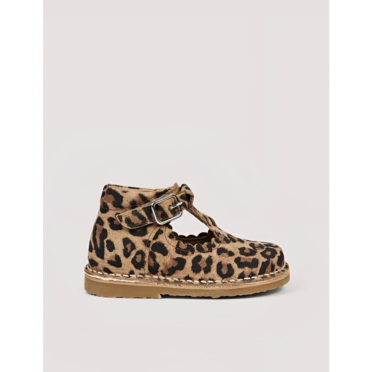 T-Bar Scallop Leopard Kleinkind-Schuh in Tan Schwarz Wildleder Silberbuckle
