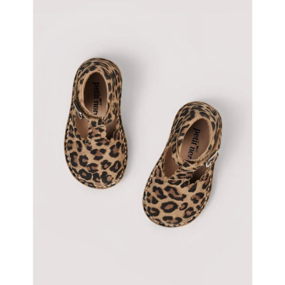 Leopard-T-Bar-Schuhe Scallop Petit Nord mit Blumen-Chestnut