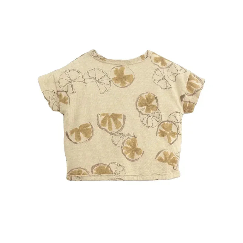 Beige Crop Top mit braunem Fruchtmuster, Aloé Vera Zitrusprint T-Shirt