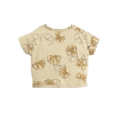 Beige Crop Top mit braunem Fruchtmuster, Aloé Vera Zitrusprint T-Shirt