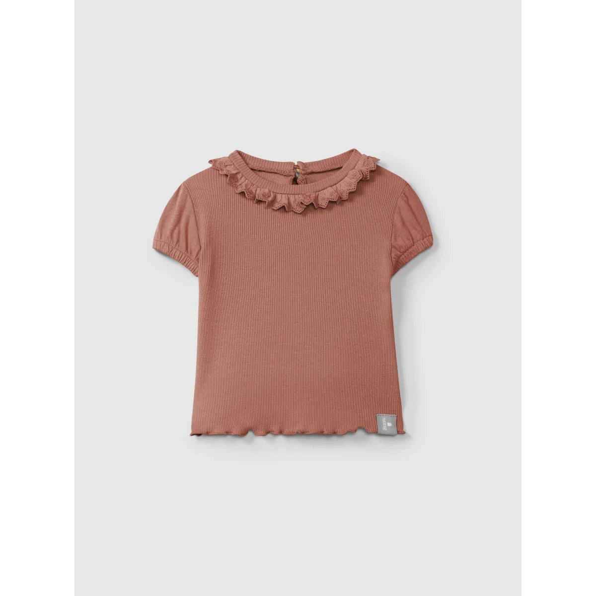 Terracotta T-Shirt mit englischer Stickerei, nachhaltige Babykleidung Schweiz
