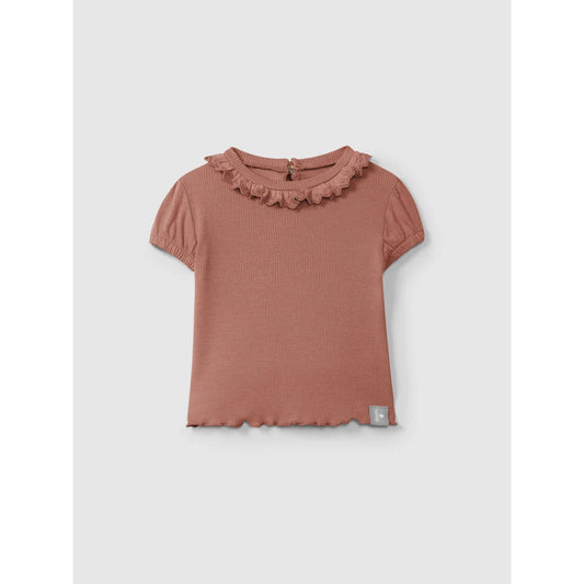 Terracotta T-Shirt mit englischer Stickerei, nachhaltige Babykleidung Schweiz