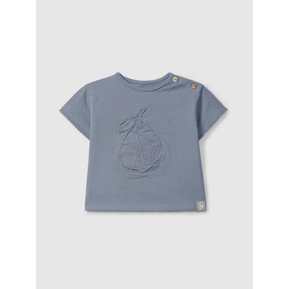 Nachhaltige Babykleidung Schweiz: Indigo T-Shirt mit Birnenstickerei