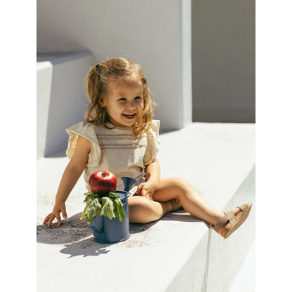 Blaue Keramikgießkanne mit rotem Apfel, englischer Stickerei, elegante Note