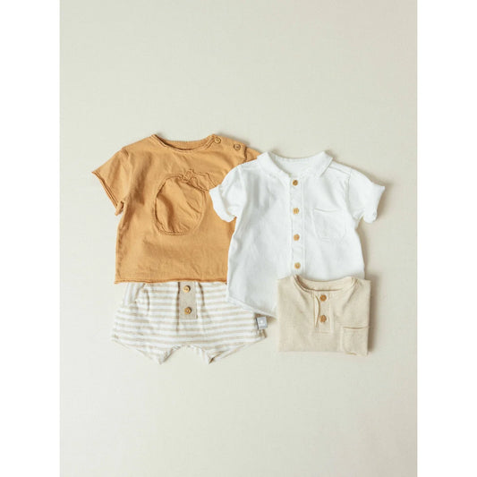 Nachhaltige Babykleidung Schweiz: Leinen T-Shirt mit Tasche, Senfgelb Apfel