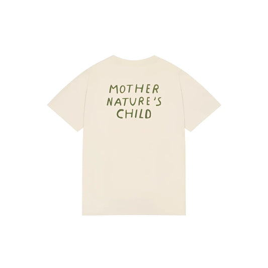 Rückseite des Damen-T-Shirts Mother Nature’s Child in Creme mit grünem Schriftzug