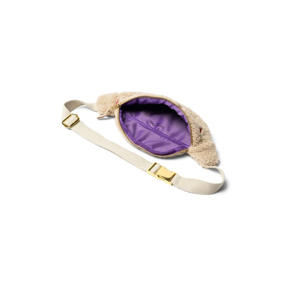 Beige Sherpa Fanny Pack with Purple Lining and White Adjustable Strap in Teddy Mini Fanny Pack Ecru Hearts